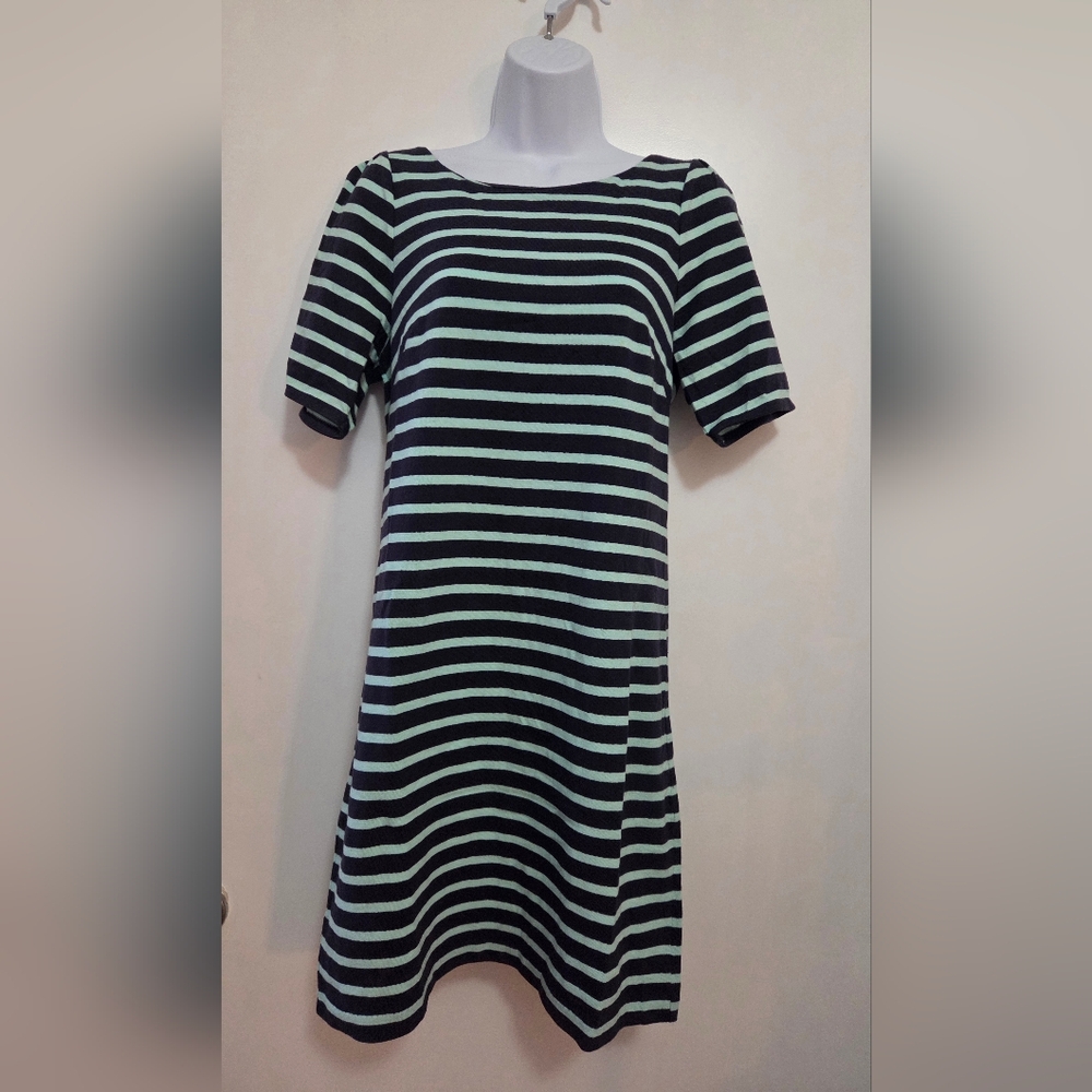 Anthropolgie Striped Blue and Teal Bow Back Dress Small